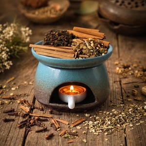 May include: A teal ceramic oil burner with a wide top bowl filled with cinnamon sticks, cloves, and dried herbs. A small white tea light candle holder with a lit candle sits inside the arched opening at the base of the burner.