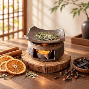 Handcrafted Ceramic Tea Leaf Warmer, Rustic Wabi Sabi Herb Diffuser (Tealight Burner)