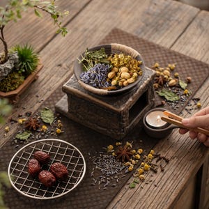 Puede incluir: Un quemador de aceite de cerámica con un cuenco que contiene lavanda seca, manzanilla y hierbas, colocado sobre una vela de té encendida. Una rejilla metálica circular sostiene cuatro dátiles rojos secos, con anís estrellado y hierbas.