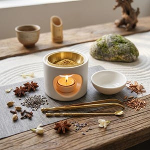 May include: A white ceramic oil burner with a gold-toned metal bowl containing powder, featuring a lit tea light candle inside. Includes a small white bowl, gold-toned metal tweezers, a gold-toned metal spoon, star anise, and dried lavender.