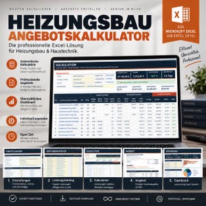 Może przedstawiać: Cyfrowe oprogramowanie do kalkulacji kosztów instalacji grzewczych wyświetlone na ekranie laptopa. Interfejs prezentuje dane projektowe, tabele kosztów i wskaźniki finansowe. Pięć mniejszych miniatur poniżej ilustruje ustawienia, katalogi usług, kalkulacje, oferty i pulpity nawigacyjne.