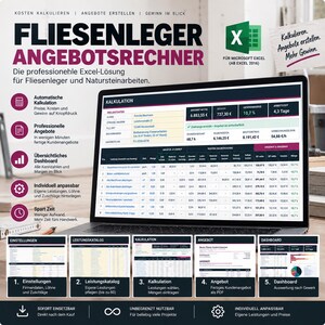 Pode incluir: Um software digital para ladrilhadores exibido na tela de um laptop, apresentando uma calculadora baseada em Excel para custos de projeto, orçamentos e margens de lucro. A interface inclui tabelas de dados e cinco módulos distintos.