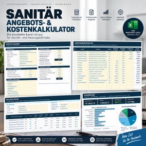 Może przedstawiać: Cyfrowy kalkulator kosztów i ofert oparty na programie Excel dla firm hydraulicznych i grzewczych. Interfejs wyświetla różne arkusze kalkulacyjne, w tym ustawienia, katalogi usług, obliczenia oraz pulpit nawigacyjny z wykresami.
