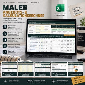 Könnte beinhalten: Ein Laptop-Bildschirm zeigt eine Microsoft Excel-Tabelle mit dem Titel Maler Angebots- & Kalkulationsrechner, die Projektdaten, Kostenkalkulationen und Gewinnspannen für Malerbetriebe sowie fünf kleinere Schnittstellen-Vorschauen enthält.
