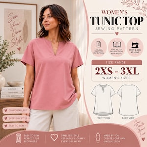 May include: A sewing pattern for a short-sleeved tunic top with a notched neckline. The digital file includes A4, A0, and US letter formats, step-by-step instructions, and covers sizes 2XS to 3XL. The graphic displays front and back technical sketches.