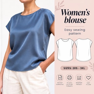 May include: A blue satin blouse with short sleeves and a round neckline. The image includes text reading Women's blouse, Easy sewing pattern, SIZES: 2XS - 3XL, along with icons for PDF, printer, sewing machine, and a heart symbol.