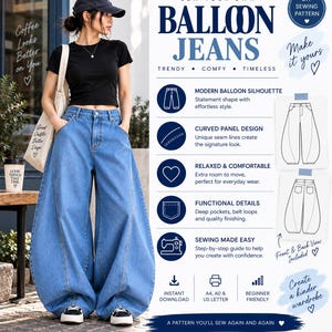 Op de afbeelding: Een DIY-naaipatroon voor ballonjeans met een modern silhouet en gebogen paneelontwerpen. De instructieafbeelding bevat tekst, diagrammen van voor- en achteraanzichten en details voor directe download in A4-, A0- en US letter-formaten.