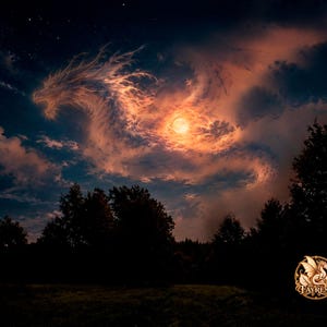 May include: A night sky featuring clouds shaped like a dragon silhouette illuminated by a glowing orange moon. Below the sky, dark silhouettes of trees are visible. In the bottom right corner, a circular gold logo displays a dragon and the text FAYREST.