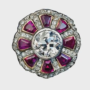 Art Deco Cluster Ring, Vintage Style Moissanite and Ruby Ring , 925 Sterling Silver Ring, Antique Floral Ring , Cocktail Statement Ring