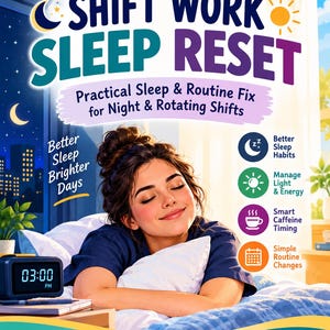 May include: A book cover titled Shift Work Sleep Reset: A Practical Guide. It features a person resting in bed with a digital clock showing 3:00 PM. The design includes icons for sleep habits, light management, caffeine timing, and routine changes.