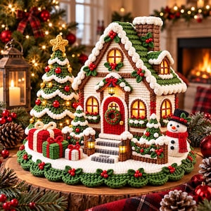 Puede incluir: Un pueblo navideño de ganchillo con una casa de techo verde, puerta roja y ventanas iluminadas. A su lado hay un árbol de Navidad de ganchillo decorado, un muñeco de nieve con sombrero negro y tres cajas de regalo sobre una base.
