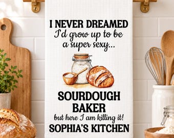 Toalla de cocina personalizada para panaderos de masa madre, decoración de cocina para iniciadores de masa madre, regalo de cumpleaños para amantes de la repostería (mamá, abuela), regalo de inauguración de casa