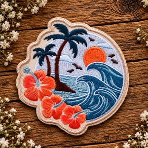 May include: A circular embroidered patch featuring a tropical beach scene with two dark palm trees, a bright orange sun, and blue ocean waves. Three vibrant orange hibiscus flowers are stitched in the foreground, all bordered by a light beige edge.
