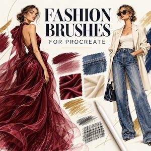 Pode incluir: Ilustração digital com o texto FASHION BRUSHES FOR PROCREATE, uma pessoa com vestido de tule vermelho escuro, uma pessoa com blazer bege e calças de ganga azuis, e várias amostras de texturas incluindo ganga, tecido e traços dourados.