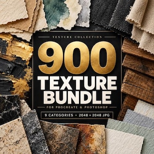 May include: A digital asset collection titled 900 TEXTURE BUNDLE FOR PROCREATE & PHOTOSHOP, featuring large gold numbers 900 centered on a black background, surrounded by various physical texture samples including paper, wood, stone, and fabric.