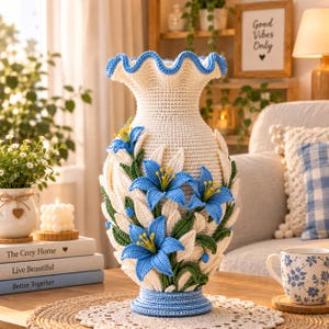 Peut inclure: Un vase crocheté de couleur crème avec un bord et une base bleus à volants, orné de fleurs de lys bleues en trois dimensions, de feuilles vertes et de petits bourgeons bleus. Le vase présente une surface texturée cousue à la main.