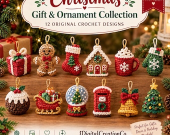 Puede incluir: Una colección de patrones PDF digitales con 12 adornos navideños originales de ganchillo. Los diseños incluyen un regalo, un hombre de jengibre, un calcetín, una casa, una taza, un guante, un pudin, un trineo, una bola de nieve, un buzón, una campana y un árbol, todos con lazos para colgar.