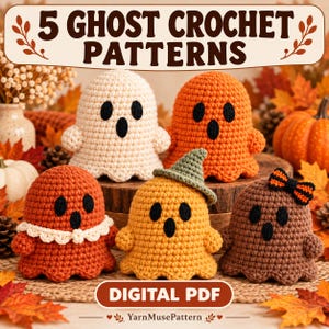 Könnte beinhalten: Ein digitales PDF-Dokument mit dem Titel 5 GHOST CROCHET PATTERNS von YarnMusePattern, das fünf gehäkelte Geisterfiguren in Creme, Orange, Rost, Gelb und Braun zeigt, mit schwarzen Augen und Mündern, einige mit weißem Kragen, grünem Hut oder Schleife.