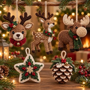 May include: A collection of five crocheted Christmas ornaments including three reindeer figures, a star with a snowflake center, and a pinecone. Each ornament features yarn textures, small gold bells, green and red accents, and hanging loops.