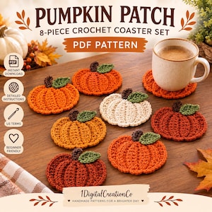 May include: An 8-piece crochet coaster set PDF pattern titled Pumpkin Patch. The set includes seven pumpkin-shaped coasters in shades of orange, rust, and cream, each with a brown stem and green leaf, displayed with a mug on a wooden surface.