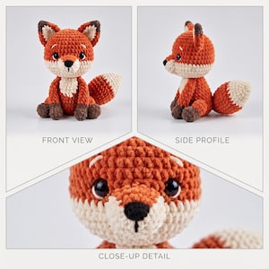May include: A crocheted fox plush toy featuring orange, white, and dark brown yarn. The toy has large black eyes, a small black nose, and a bushy tail. The image displays a front view, a side profile, and a close-up detail of the fox's face.