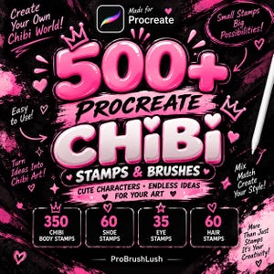 Könnte beinhalten: Eine digitale Grafik für Procreate mit dem Text 500+ PROCREATE CHIBI STAMPS & BRUSHES. Das Design zeigt rosa und weiße Schrift auf schwarzem Hintergrund mit Symbolen von Kronen, Herzen und Sternen sowie einem weißen Eingabestift rechts.