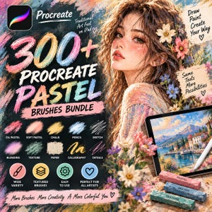 May include: A digital art bundle for Procreate featuring 300+ pastel brushes. The graphic displays text including 300+ PROCREATE PASTEL BRUSHES BUNDLE, an illustration of a person with flowers in their hair, and a tablet showing a landscape painting.
