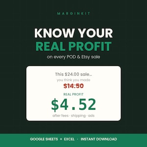 May include: A digital graphic for MARGINKIT featuring the text KNOW YOUR REAL PROFIT on every POD & Etsy sale. A white box displays This $24.00 sale... you think you made $14.50, REAL PROFIT $4.52 after fees, shipping, ads. GOOGLE SHEETS + EXCEL.