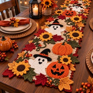 May include: A rectangular crochet table runner featuring a cream-coloured base decorated with repeating motifs of white ghosts wearing black witch hats, orange jack-o'-lanterns, yellow sunflowers, and red and green autumn maple leaves.