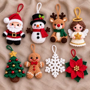 May include: A collection of eight crocheted Christmas ornaments including a Santa Claus, a snowman, a reindeer, an angel, a Christmas tree, a gingerbread person, a white snowflake, and a red poinsettia flower, each with a hanging loop.