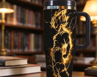 Golden Lightning Anime Warrior 40oz Tumbler With Handle, Insulated Stainless Steel Travel Mug