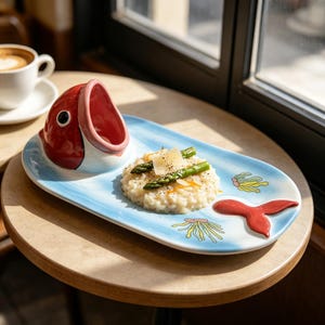 Puede incluir: Una bandeja de cerámica con forma de pez con cabeza y cola rojas, que presenta un cuerpo azul claro con motivos de algas pintados. La bandeja contiene una porción de risotto cremoso cubierto con tres espárragos verdes y queso.