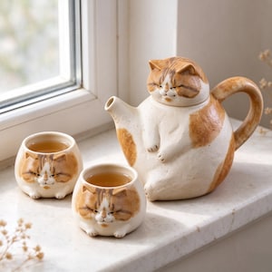 Op de afbeelding: Een keramische theeset bestaande uit een ronde theepot in de vorm van een zittende rood-witte kat met bijpassend deksel, vergezeld door twee kleine, ronde theekopjes, elk versierd met het gezicht van een rood-witte kat met gesloten ogen.