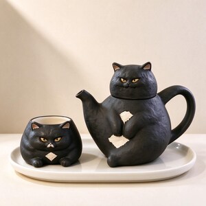Könnte beinhalten: Eine schwarze Keramik-Teekanne und eine passende Tasse in Form von mürrischen Katzen mit gelben Augen und weißen Brustflecken. Die Teekanne hat einen geschwungenen Griff und einen Ausguss, während die Tasse eine weite Öffnung auf einem ovalen Tablett hat.