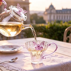May include: A clear glass teapot with a pink butterfly lid handle pouring tea into a matching clear glass teacup featuring a pink butterfly accent on the rim. The teacup has a fluted design and a curved pink handle, reflecting warm sunlight.