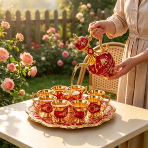 Op de afbeelding: Een decoratieve theeset met een versierde rood-gouden theepot en bijpassende kopjes op een rond dienblad. De theepot schenkt vloeistof in een centraal kopje. De set is versierd met ingewikkelde gouden filigraanpatronen en accenten.