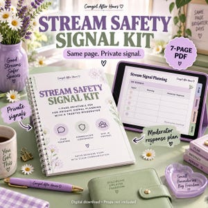 Puede incluir: Un kit de señales de seguridad para streaming, guía PDF imprimible de 7 páginas con cubierta de espiral, ilustraciones florales, texto e iconos. Incluye una tableta con un gráfico de planificación, un bolígrafo lavanda y un plato en forma de corazón.