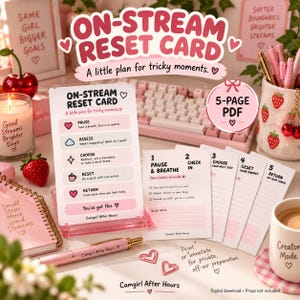 May include: A digital download set featuring an On-Stream Reset Card and a 5-page PDF guide. The cards include steps like Pause, Assess, Choose, Reset, and Return, with pink accents, heart icons, and the text Camgirl After Hours printed throughout.