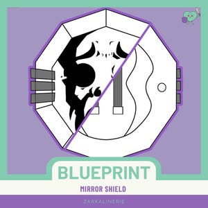 May include: An octagonal shield graphic featuring a split design with a black silhouette of a creature on the left and a white outline of a shield on the right. The text reads BLUEPRINT MIRROR SHIELD ZARKALINERIE. The background is purple and teal.