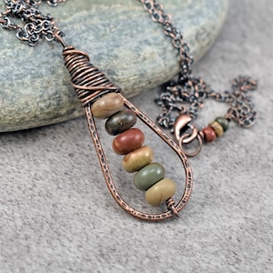 Long Red Creek Jasper Necklace, Hammered Copper Wire Pendant, Rustic Earthy Stone Jewelry, Picasso Jasper, Cherry Creek