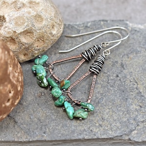 Green Turquoise Boho Triangle Earrings, Rustic Mixed Metal Jewelry Handmade, Unique Copper Sterling Silver Dangles image 1