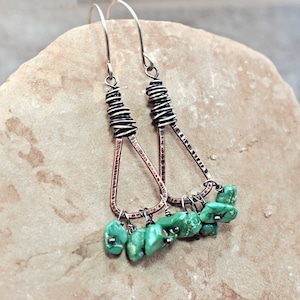 Green Turquoise Boho Triangle Earrings, Rustic Mixed Metal Jewelry Handmade, Unique Copper Sterling Silver Dangles image 2