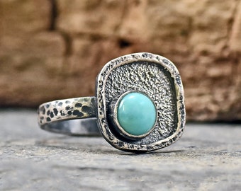 Turquoise Sterling Silver Ring Size 8.5, Artisan Silversmith Jewelry Handmade, Organic Unique Rustic Blue Gemstone