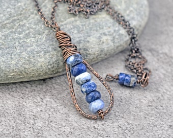 Sodalite Copper Teardrop Necklace, Rustic Blue and White Stone Pendant, Unique Hammered Jewelry Artisan