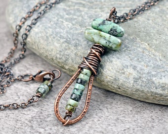 African Turquoise Jasper Pendant, Earthy Green Gemstone Necklace, Artisan Copper Wire Teardrop Jewelry, Unique Natural Stone