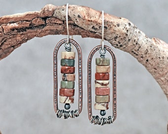 Red Creek Jasper Earrings, Natural Earthy Stone Dangles, Rustic Copper Jewelry, Fall Color, Mixed Metal, Sterling Silver