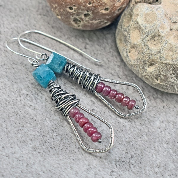 Apatite and Ruby Earrings, Rustic Sterling Silver Gemstone Dangles, Blue and Pink Stones, Unique Artisan Wire Jewelry Handmade