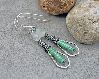 Chrysoprase Earrings Sterling Silver, Raw Prehnite Stone Dangles, Rustic Wire Green Gemstone Jewelry Handmade