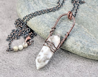 Long Crazy Lace Agate Necklace, Hammered Copper Wire Pendant, Rustic White Stone Jewelry, Double Terminated Point