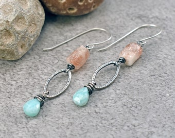 Raw Sunstone Earrings, Amazonite Teardrop Dangles, Sterling Silver, Natural Rough Orange Gemstone Dangles, Unique Artisan Oval Jewelry